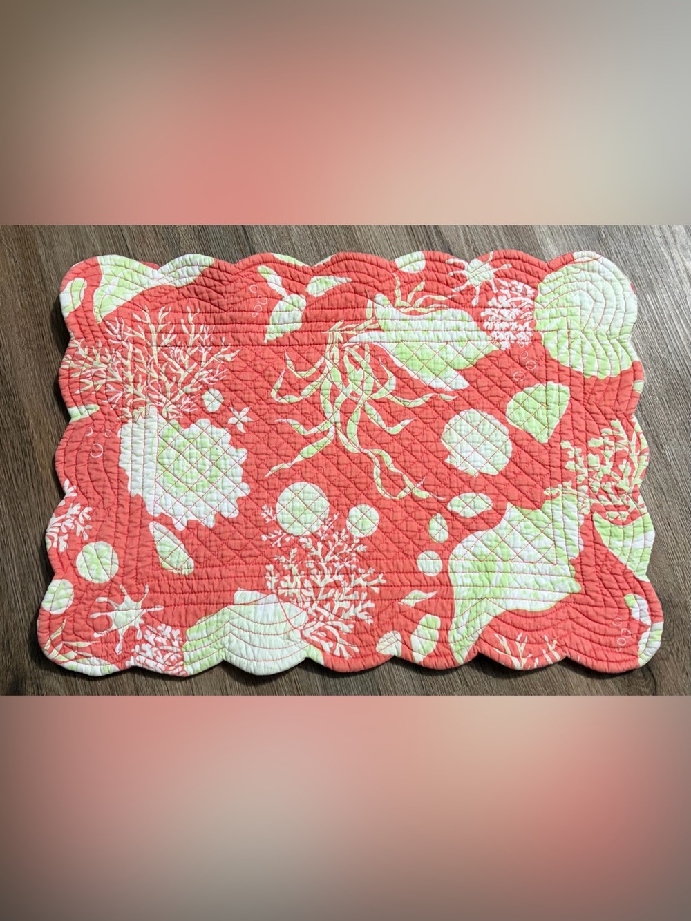 Quilted Striped/Coastal Reversible Placemats - 2 Pc Set - Shades of Coral/Lime - Picture 4 of 6